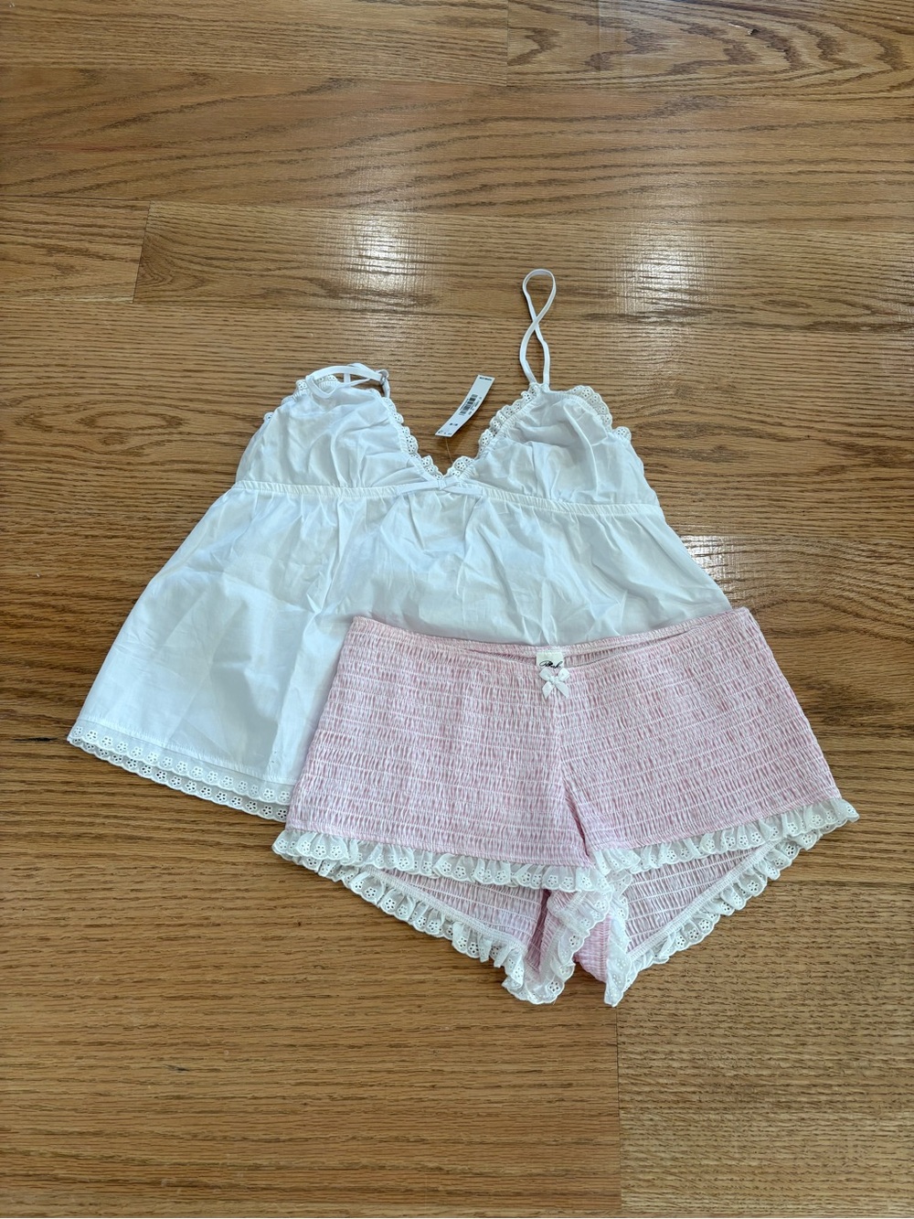 White Lace Trim Cami & Pink Smocked Shorts Set